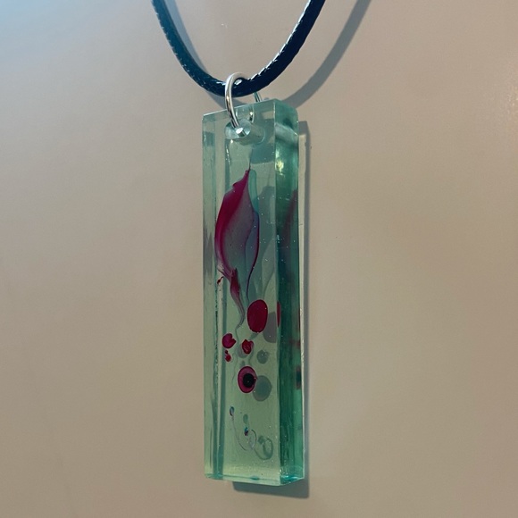 Aqua Water Marble Resin Long Rectangular Pendant Necklace - Picture 5 of 9